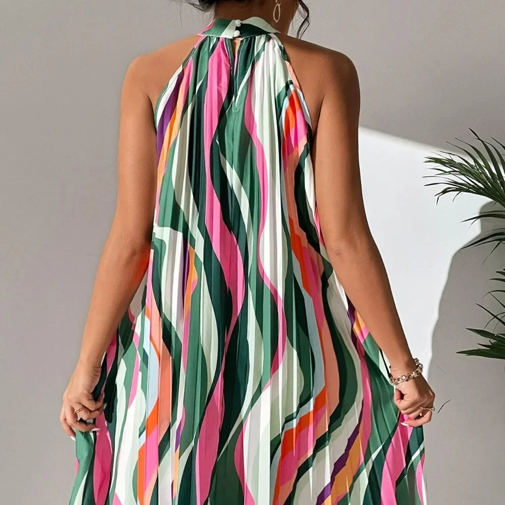 Multicolor Preppy Womens Allover Print Pleated Halter Dress - Picture 2 of 5